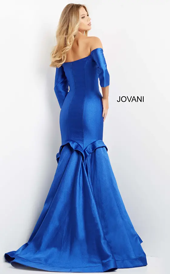 Jovani 03666 Royal Off the Shoulder Three Quarter Sleeve Gown